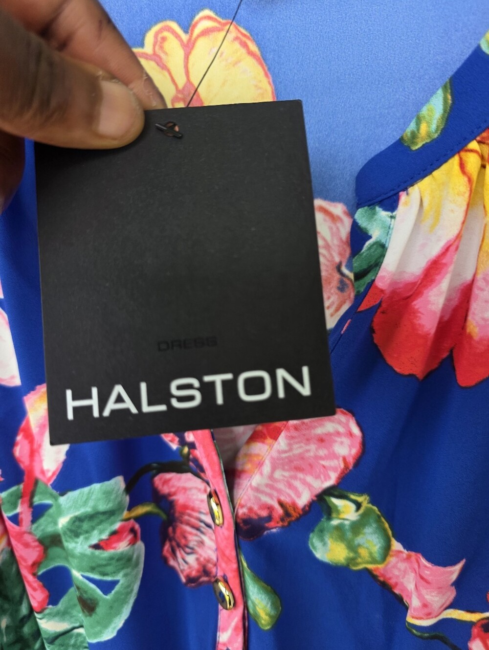 Halston Floral Maxi Dress Size 12 Blue Pink Long Sleeve Belted Vacation NWT - Picture 7 of 12
